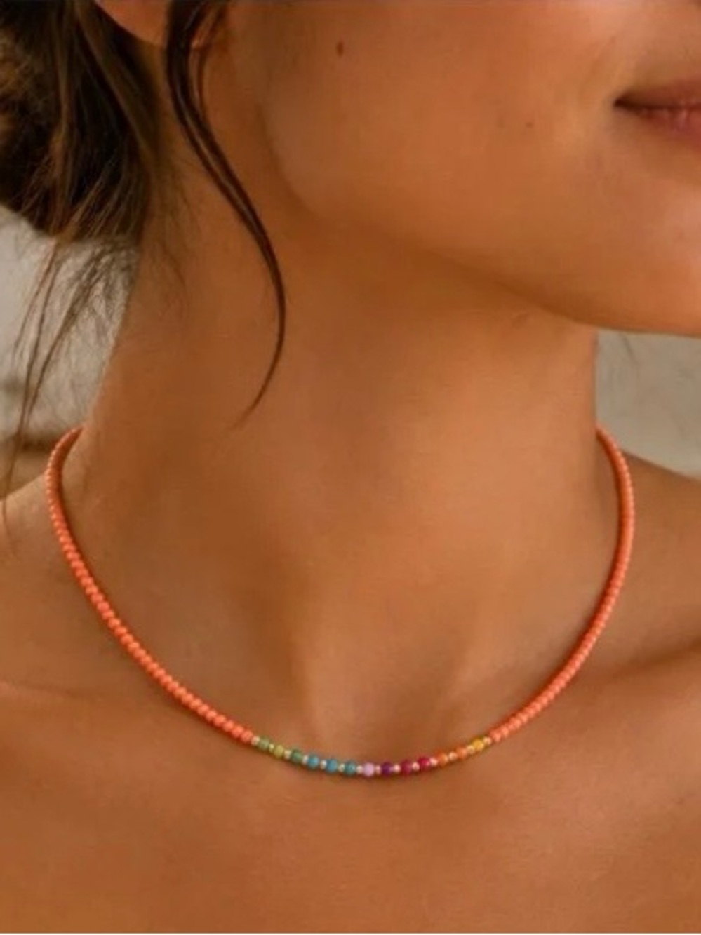 Coral Bead Choker Necklace with Multicolor Accent 16 to 18 Inches